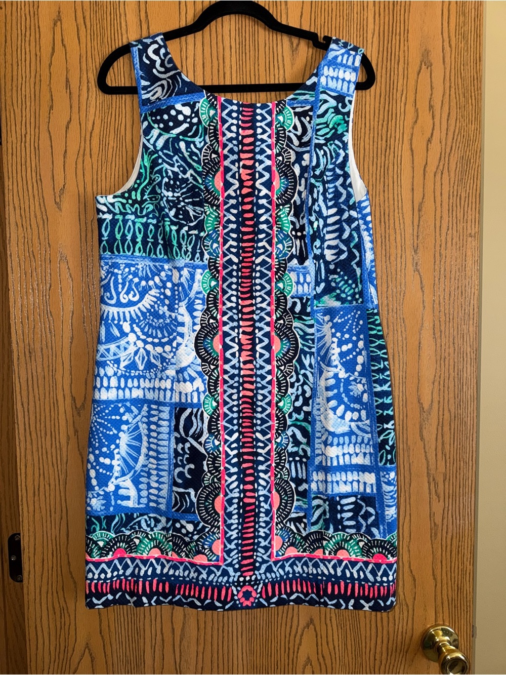 Lilly Pulitzer Blue Patterned Sleeveless Shift Dress with Coral & Green Accents
